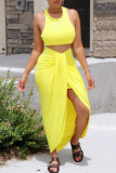 Yellow Fashion Casual Solid Patchwork Slit O Neck Sleeveless Two Pieces