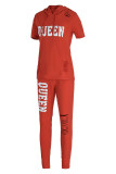Red Fashion Casual Letter Print Ripped Hooded Collar Short Sleeve Two Pieces