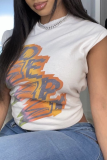 White Fashion Print Patchwork Letter O Neck T-Shirts