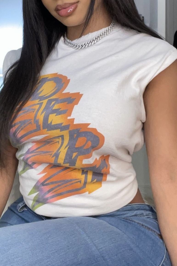 White Fashion Print Patchwork Letter O Neck T-Shirts