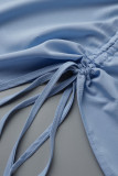 Sky Blue Fashion Casual Solid Draw String Frenulum Turndown Collar Shirt Dress Dresses