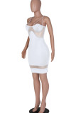 White Fashion Sexy Solid Patchwork Backless Spaghetti Strap Sleeveless Dress