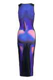 Purple Fashion Casual Print Basic O Neck One Step Skirt Dresses