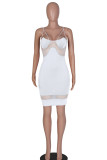 White Fashion Sexy Solid Patchwork Backless Spaghetti Strap Sleeveless Dress