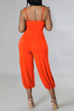 Coffee Casual Solid Hollowed Out Spaghetti Strap Harlan Jumpsuits
