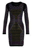 Apricot Fashion Sexy Patchwork Hot Drill O Neck Long Sleeve Dresses