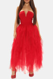 Red Casual Solid Patchwork Strapless Evening Dress Dresses
