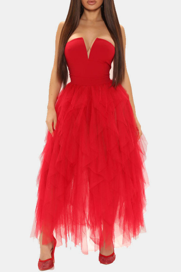 Red Casual Solid Patchwork Strapless Evening Dress Dresses