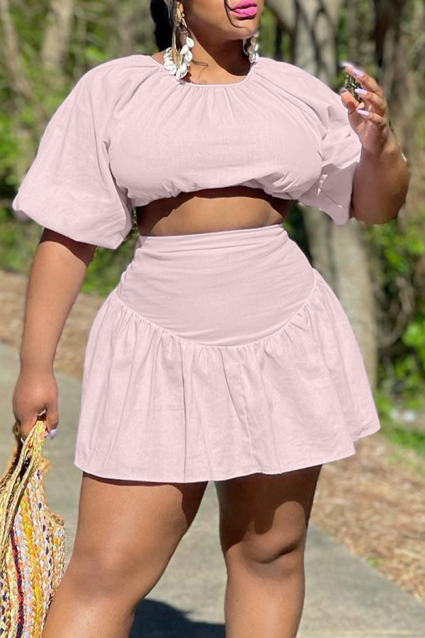 Pink Fashion Solid Patchwork O Neck Short Sleeve Two Pieces