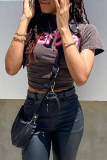 Black Fashion Print Patchwork O Neck T-Shirts
