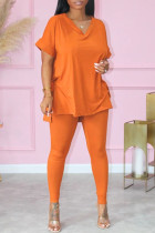Orange Fashion Casual Solid Patchwork Slit V Neck Short Sleeve Two Pieces