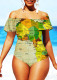Green Fashion Casual Print Patchwork Backless Swimwears (Without Paddings)
