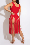 Red Sexy Solid Tassel U Neck Sleeveless Two Pieces