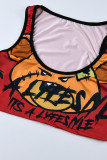 Orange Casual Sportswear Print Vests O Neck Sleeveless Two Pieces