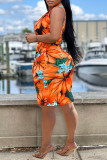 Orange Fashion Casual Print With Belt V Neck Sleeveless Dress