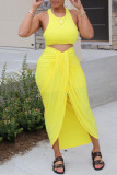 Yellow Fashion Casual Solid Patchwork Slit O Neck Sleeveless Two Pieces