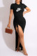 Black Fashion Casual Print Slit O Neck Irregular Dress Dresses