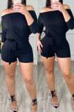 Black Fashion Casual Solid Patchwork Backless Off the Shoulder Regular Romper