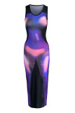 Purple Fashion Casual Print Basic O Neck One Step Skirt Dresses