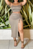 Khaki Fashion Sexy Solid Draw String Frenulum Backless Spaghetti Strap Sleeveless Two Pieces