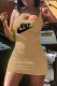 Khaki Fashion Casual Print Letter U Neck One Step Skirt Dresses
