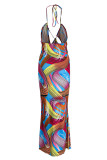 Multi-color Fashion Sexy Print Hollowed Out Backless Halter Sleeveless Dress