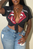 Dark Gray Fashion Casual Print Bandage V Neck T-Shirts