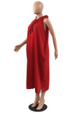 Red Fashion Casual Solid Basic Hooded Collar Sleeveless Dress Dresses