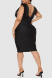 Black Sexy Solid Patchwork Feathers Slit V Neck One Step Skirt Dresses