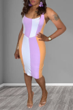 Purple Sexy Striped Split Joint Halter Pencil Skirt Dresses
