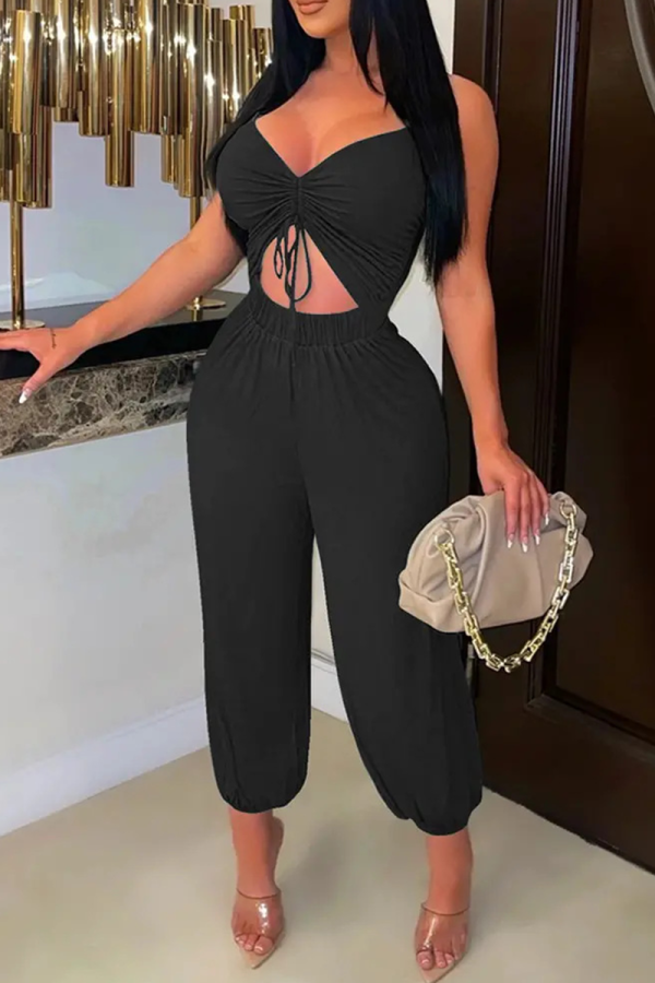 Black Casual Solid Hollowed Out Spaghetti Strap Harlan Jumpsuits
