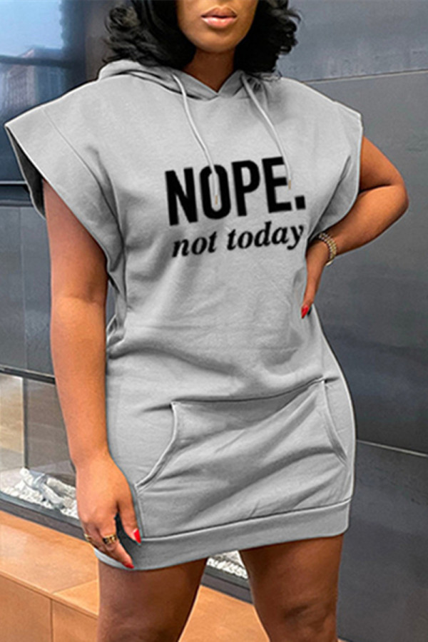 Grey Fashion Casual Letter Print Patchwork Hooded Collar Short Sleeve Dress