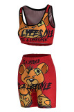 Orange Casual Sportswear Print Vests O Neck Sleeveless Two Pieces