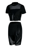 Black Sexy Solid Patchwork See-through O Neck Short Sleeve Two Pieces