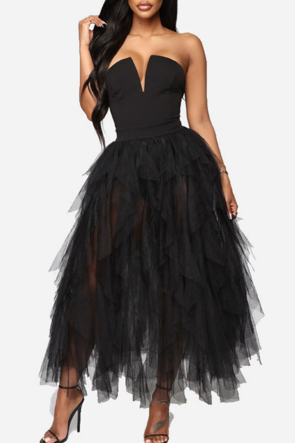 Black Casual Solid Patchwork Strapless Evening Dress Dresses