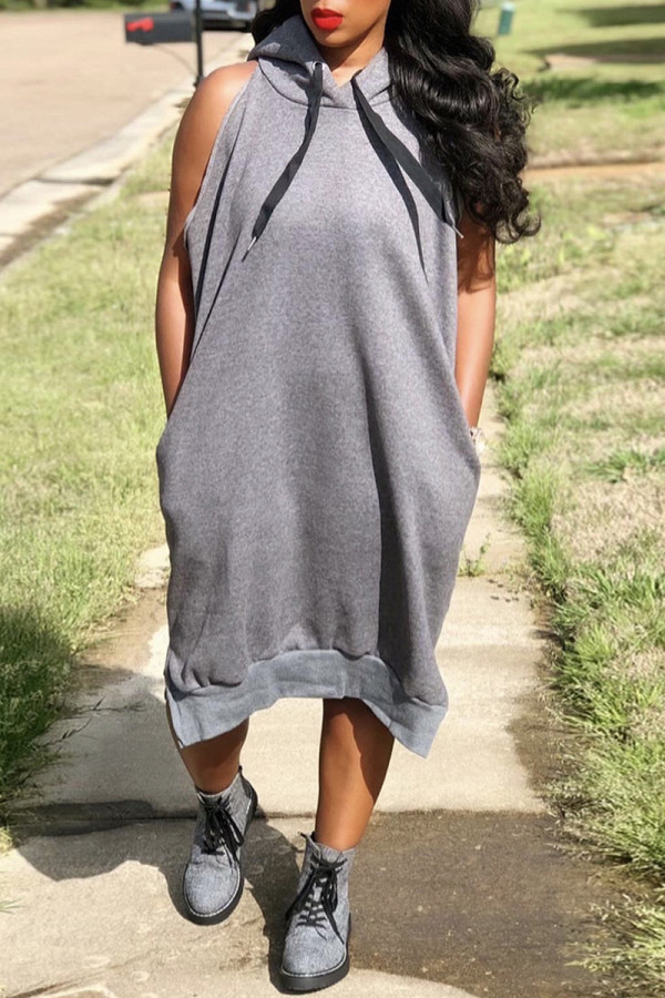 Grey Fashion Casual Solid Basic Hooded Collar Sleeveless Dress Dresses