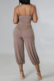 Coffee Casual Solid Hollowed Out Spaghetti Strap Harlan Jumpsuits