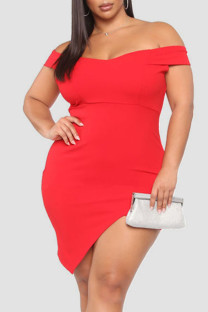 Red Sexy Solid Split Joint Asymmetrical Off the Shoulder One Step Skirt Plus Size Dresses