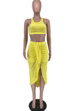 Yellow Fashion Casual Solid Patchwork Slit O Neck Sleeveless Two Pieces
