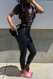 Black Fashion Print Patchwork O Neck T-Shirts