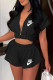Black Fashion Casual Print Patchwork Hooded Collar Short Sleeve Two Pieces