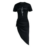 Black Sexy Street Print Patchwork Slit Asymmetrical Half A Turtleneck Irregular Dress Dresses
