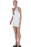 White Fashion Sexy Solid Hollowed Out Backless Halter Sleeveless Dress