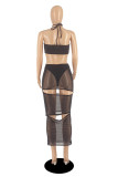 Red Fashion Sexy Patchwork Hollowed Out See-through Backless Halter Strapless Dress