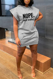 Grey Fashion Casual Letter Print Patchwork Hooded Collar Short Sleeve Dress