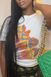 White Fashion Print Patchwork Letter O Neck T-Shirts