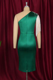 Green Fashion Patchwork Tassel Slit Beading Evening Dress