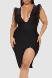 Black Sexy Solid Patchwork Feathers Slit V Neck One Step Skirt Dresses