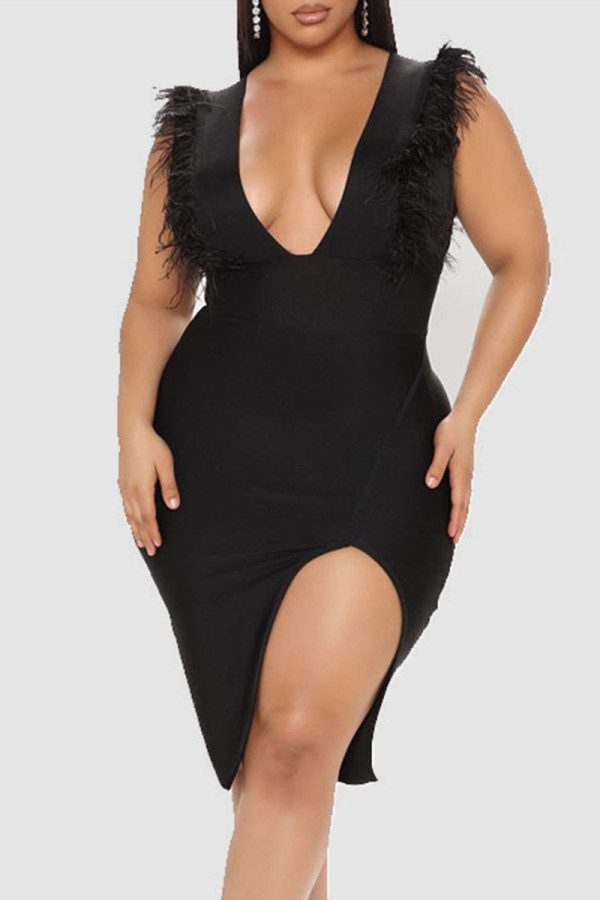 Black Sexy Solid Patchwork Feathers Slit V Neck One Step Skirt Dresses