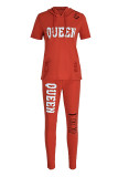 Red Fashion Casual Letter Print Ripped Hooded Collar Short Sleeve Two Pieces